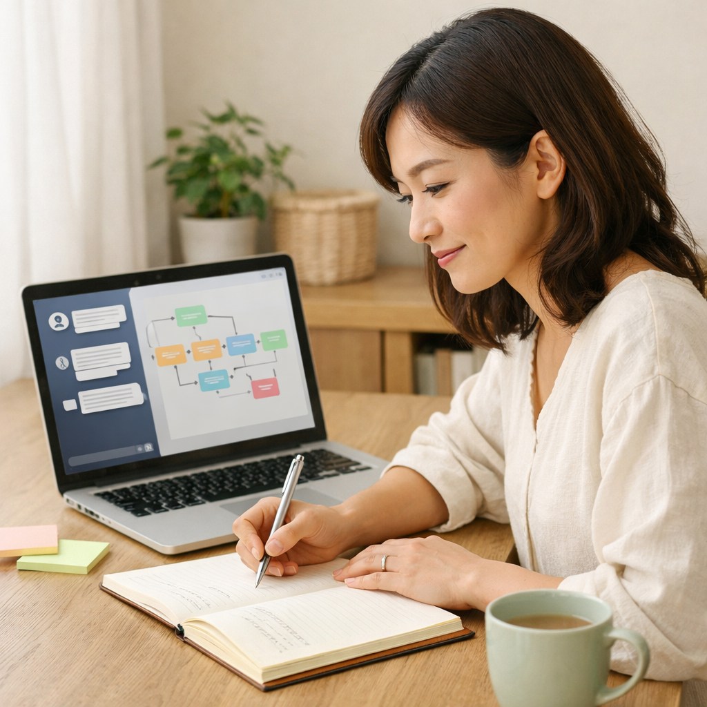 ノートPCでAIの画面を見ながら、ノートに業務整理を書き込んでいる仕事風景