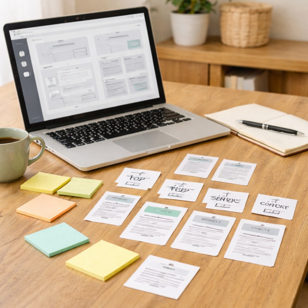 Webサイトの設計図やワイヤーフレームを整理しながら改善方針を考えている仕事風景