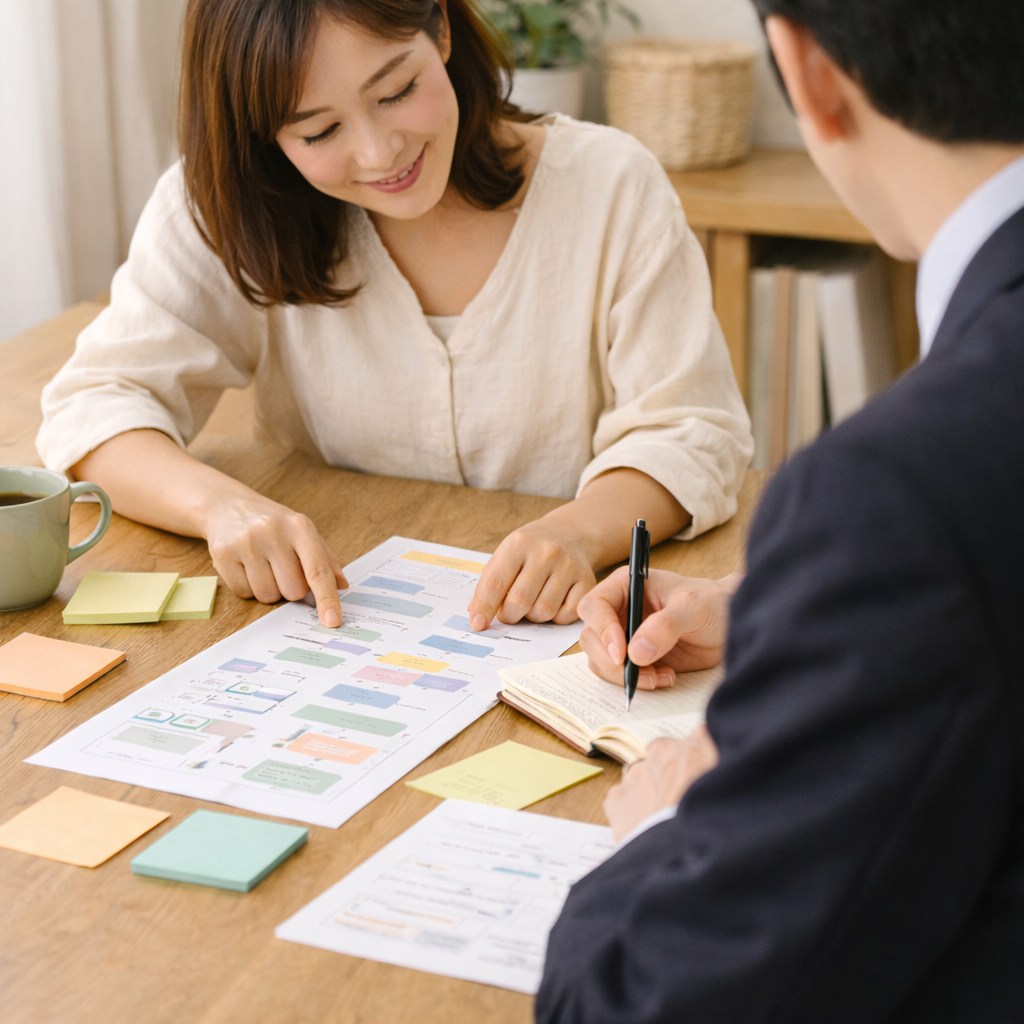 資料とノートを見ながら、落ち着いた雰囲気で相談と整理をしている場面